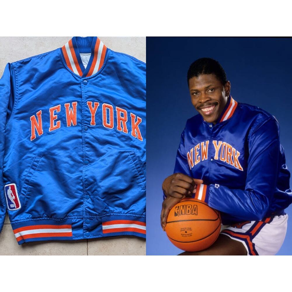 NEW YORK Knicks 80s STARTER satin bomber EWING jacket L blue orange NBA vintage